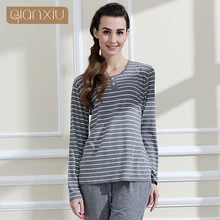 Пижама Qianxiu для пар пижамы с круглым вырезом повседневные полосатые женские пижамы Lounge одежда Домашняя одежда семейная Пижама взрослый onesie