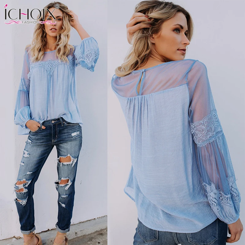  Lantern Sleeve Summer Boho Blouse Mesh Office Ladies Blouse Long Sleeve Casual Tee Shirt Loose Lace