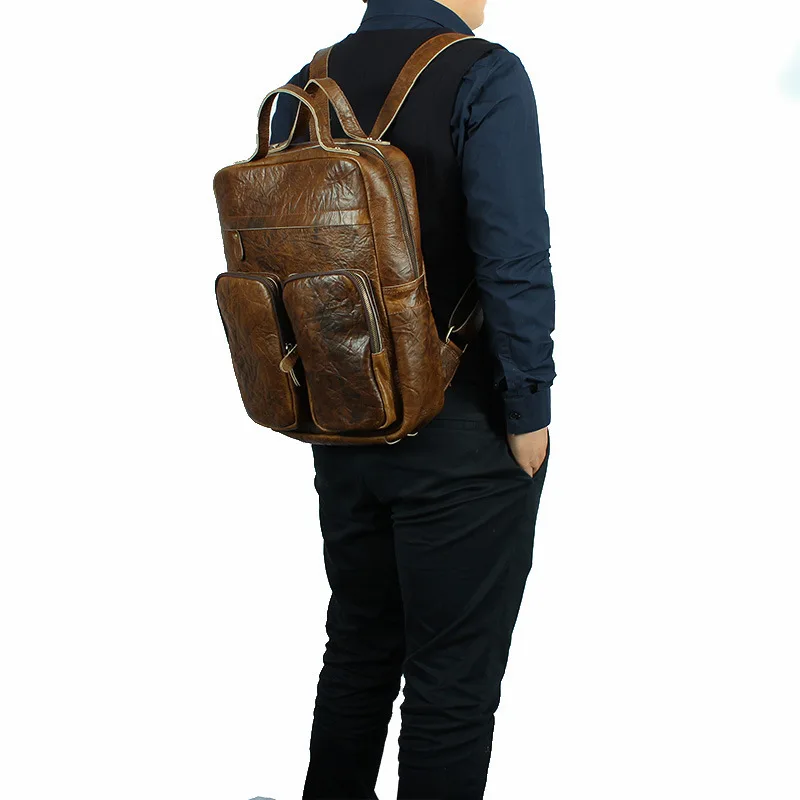 Men's crazy horse Vintage backpack Multifunctional genuine Cow leather Laptop rucksack Cowhide school shoulder Solid bag