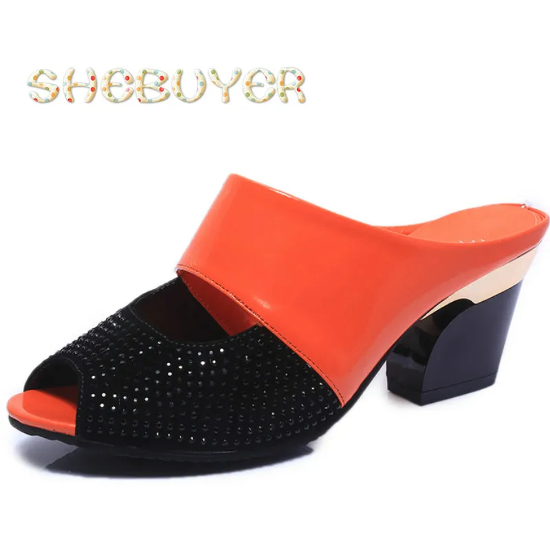 

2017 New Women Sandals &slippers Peep Toe Rhinestone Thick High-heeled Color Block Decoration Open Toe Woman Mid Heel Sandals