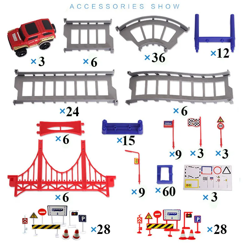 257 قطعة DIY المسار سيارة Diecasts لعبة المركبات السكك الحديدية سيارة الطريق تجميعها الألعاب التعليمية