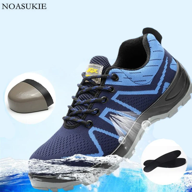 

Men Blue Striped Sneakers Safety Shoes Splicing Mesh Breathable Steel Work Shoes Anti-Smashing Puncture Steel Toe Shoes 36-46