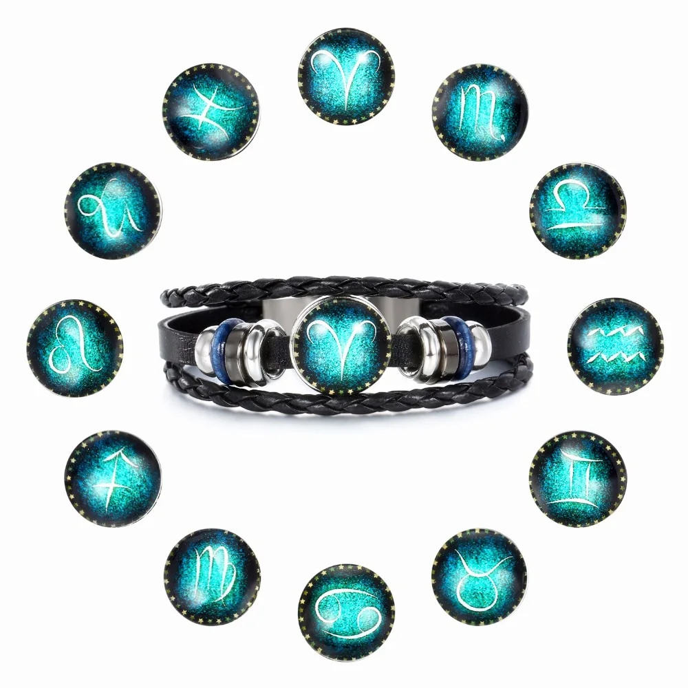 

Hot Sale Fashion 12 Constellations Leather Zodiac Signs Bangle Bracelets For Men Women Multilayer beads Charm Punk Bracelet