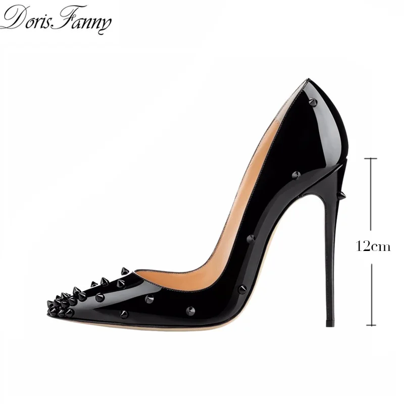DorisFanny/лакированная кожа, каблуки с шипами, 12 см, модные женские пикантные туфли с острым носком, заклепками, шипами, на высоком каблуке, черные женские туфли-лодочки - Цвет: black 12cm