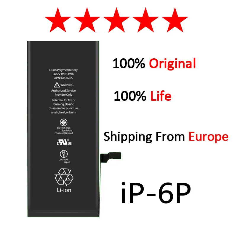 

5pcs/lot AAAAA Quality For iphone 6p Zosol Lithium Battery For iphone 6 plus Replacement Battery Internal Phone Batery 2915mAh