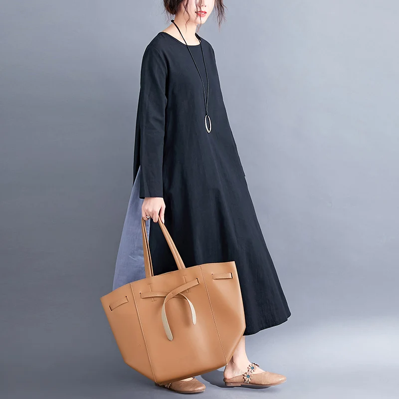 

Female Black Long Loose Dress Spring Summer Women Long Sleeve Cotton and Linen Dresses Womens Clothing