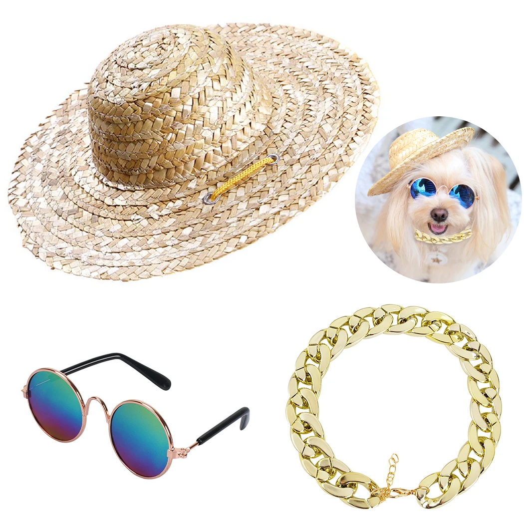 Dog Straw Hat Fashion Manual Weaving Straw Adjustable Pet Hat Dog Hat With Sunglasses Necklace Pet Clothing Accessories Set - Цвет: Белый