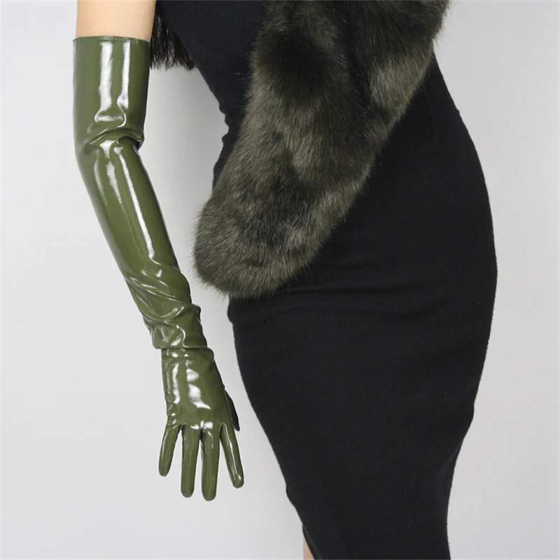 Черные лакированные кожаные длинные перчатки длиной 60 см, высококачественные перчатки из искусственной кожи без подкладки TB09