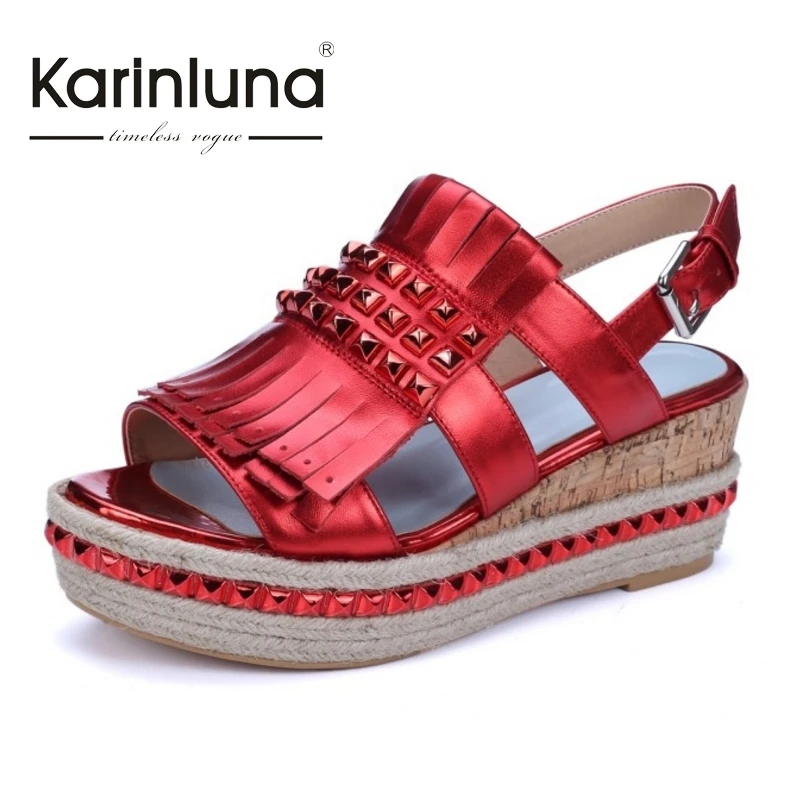 

KARINLUNA 2017 Nature Leather Real Cow Leather Women Shoes Woman Sandals Rivets Platform Wedges High Heels