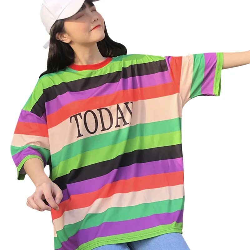 

Casual Oversize Women New Style Rainbow Striped Women T-shirt Summer Short Sleeve Loose T Shirt Tee Top