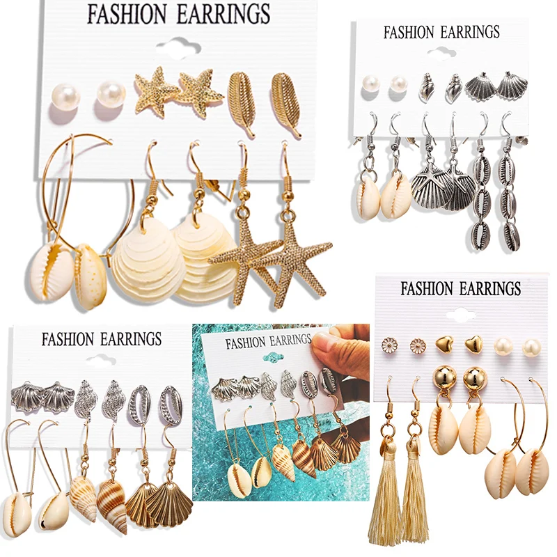 

IF YOU Fashion Mixed Starfish Conch Shell Tassel Earrings Set Boho Dangle Earrings for Women 2019 New Summer Beach Jewelry Gift