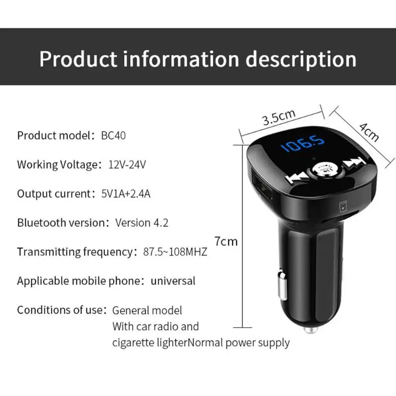 BC40 Bluetooth 4,2 FM передатчик Беспроводной FM модулятор Громкая связь автомобильный комплект mp3-плеер с двумя портами USB Зарядное устройство мотоцикл аудио