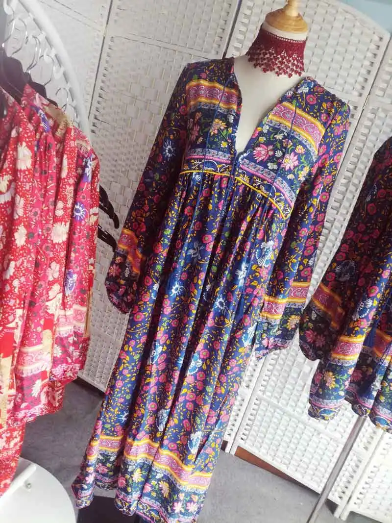 Богемный Вдохновленный летнее платье богемный цветочный принт длинный рукав кисточка длинные платья с v-образным вырезом Свободное платье для женщин Хиппи шик vestidos