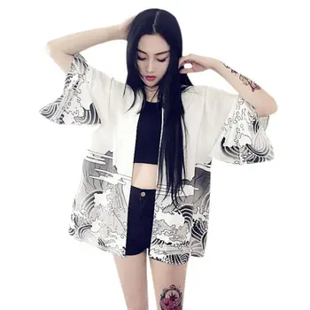 

Vintage Japanese Harajuku style waves and wind dragon Japanese kimono print cardigan summer women clothings autumn blouse