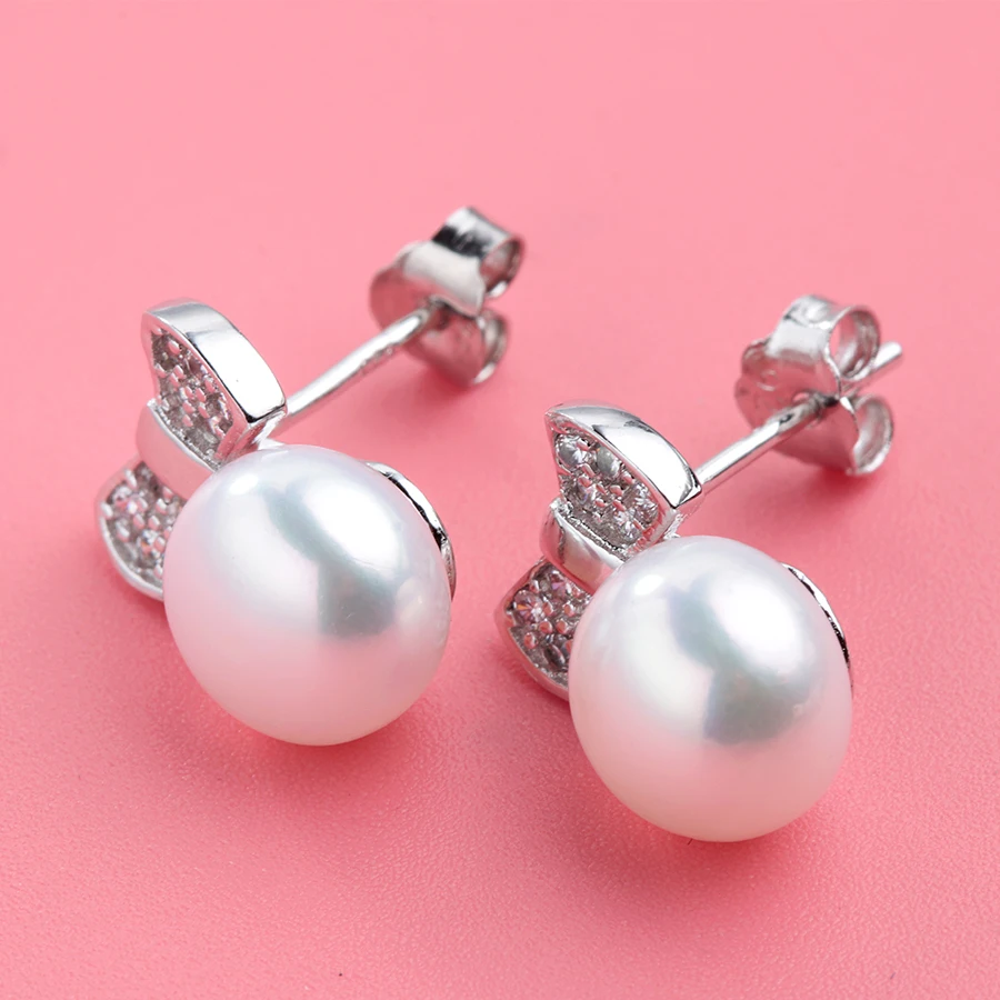 

Clearance Sale !Sweet AAAA Natural Freshwater Pearl Women Bow Shape Stud Earrings Fashion Silver 925 Wedding Jewelry With Box
