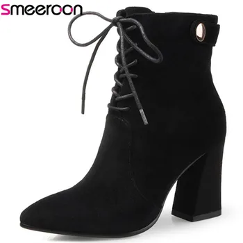 

Smeeroon 2020 new fashion autumn pointed toe high quality women high heels zip+cross boots kid suede boots ankle boots