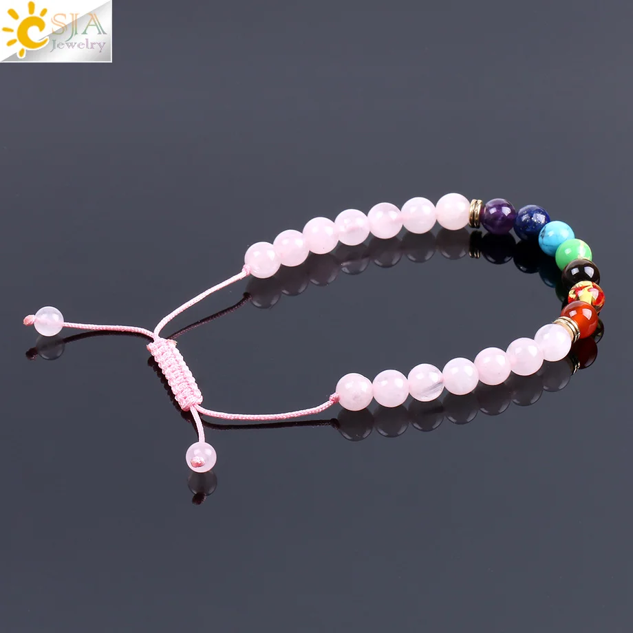 CSJA розовый кварц браслеты и браслеты для женщин рейки натуральный камень мала бусины медитация 7 ЧАКРА КРИСТАЛЛ плетеная веревка F091