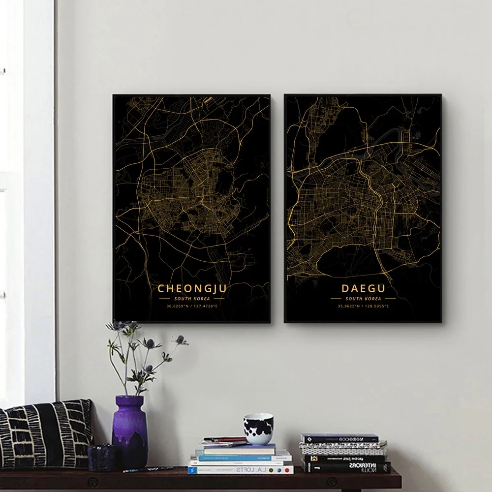 

South Korea City Map Gold Map Canvas Art Print Wall Pictures for Living Room No Frame