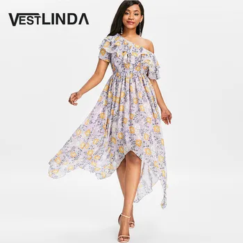 

VESTLINDA Ruffle High Waisted Floral Print Summer Dress Elegant Skew Collar Maxi Dress Women Asymmetric Long Dresses Robe Femme