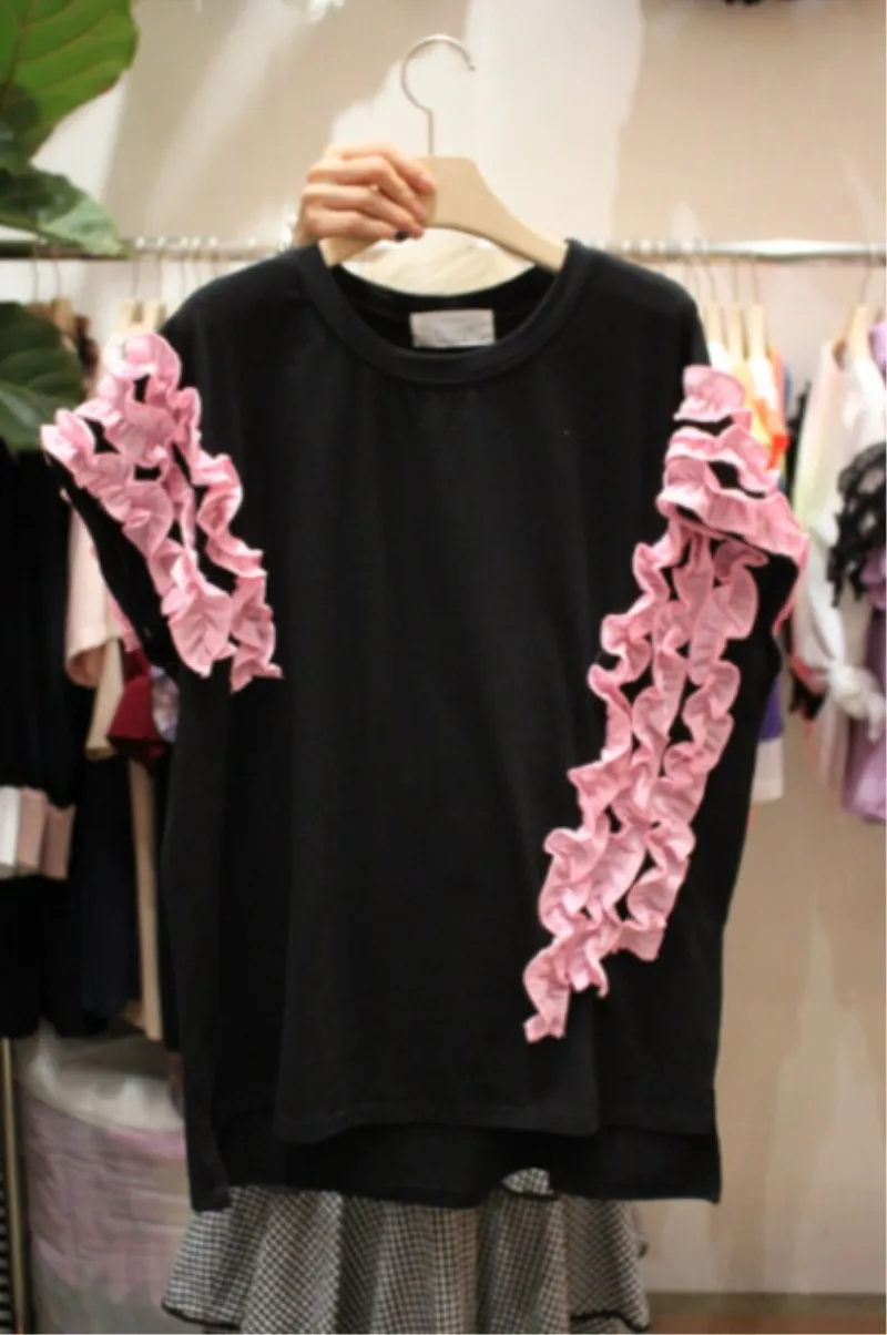 

2019 Spring and Summer Cotton Casual T-shirts Short Ruffles Solid O-Neck T-shirts Loose Elegant Women T-shirts