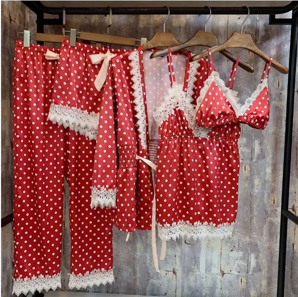 

New Fashion Polka Dot Print 5 Pieces Silk Pajama Set Women's Long Sleeve Lace Satin Pyjamas Nightwear Ladies Luxury Sleepwear