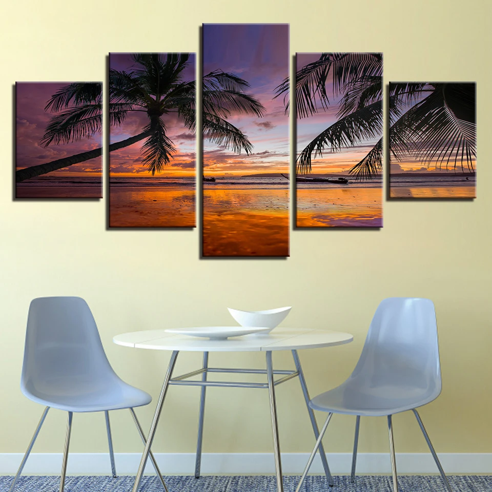 Настенные художественные картины HD печатные украшения плакаты рамка 5 панель пляж в сумерках пейзаж, современная живопись на холсте дома гостиной