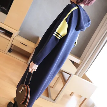 

Hooded Sweater Women's Fashion Color Collision Medium-long Knitted Cardigan Autumn and Winter 2019 New Loose and Thicker Jacket