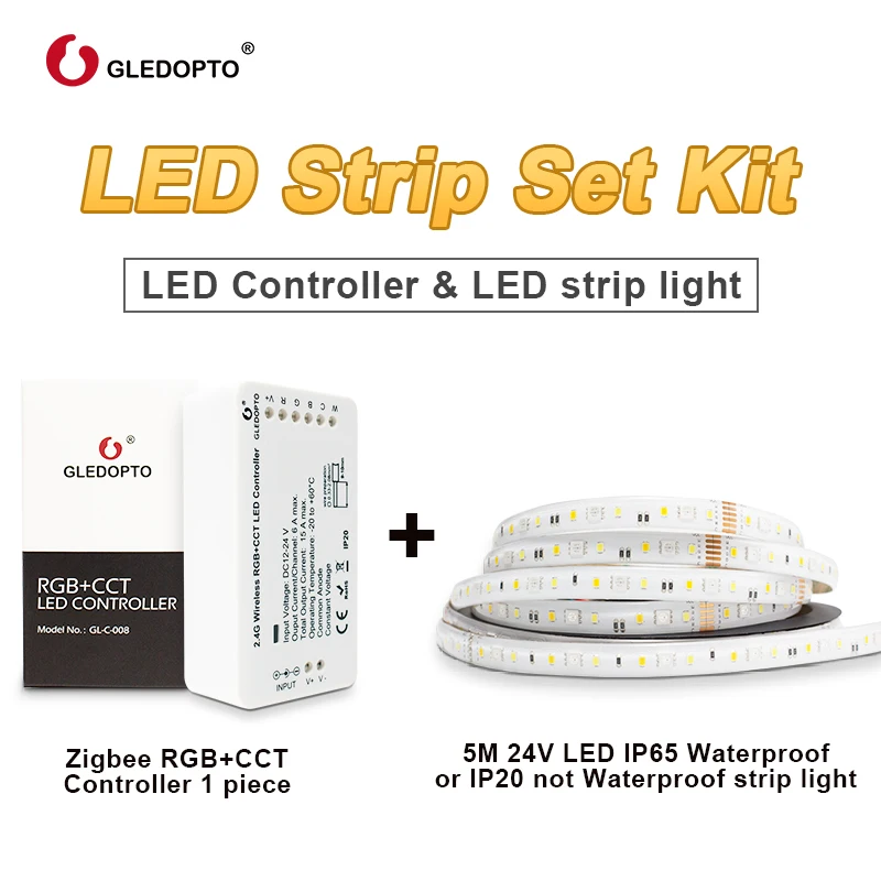 GLEDOPTO Zigbee ZLL Smart LED Strip Set Kit RGBCCT Controller for DC24V Waterproof Strip Light Alexa Voice APP Control