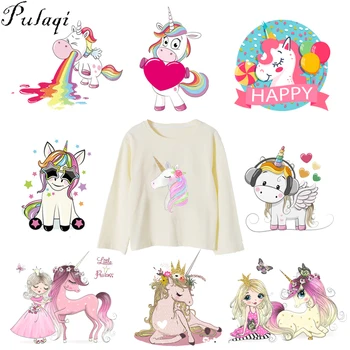

Pulaqi New Design Cute Unicorn Stickers On Clothes Children Favorite Heat Transfer Washable DIY Accessory Badges Patch F
