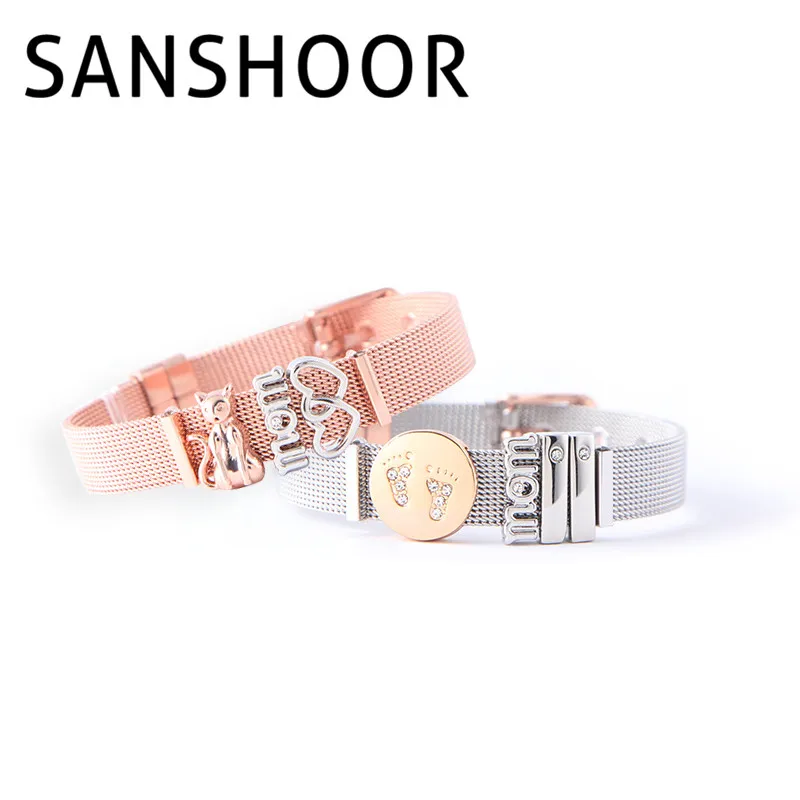 

SANSHOOR Stainless Steel Mesh Charm Bracelet Set with Mom Cat Double Love Heart Slide Charms as Mother's Day Gift