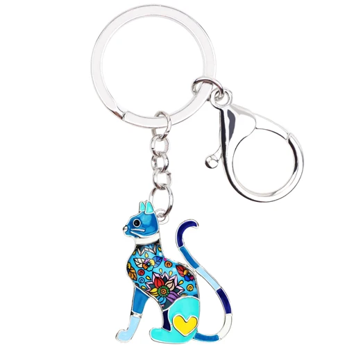 Bonsny, металлическая эмаль, Цветочный, элегантный котенок, кошка, брелок для ключей, цепочки брелок, кольцо, модное животное, домашнее животное, ювелирное изделие для женщин, девочек, сумка, Автомобильная подвеска - Цвет: Blue