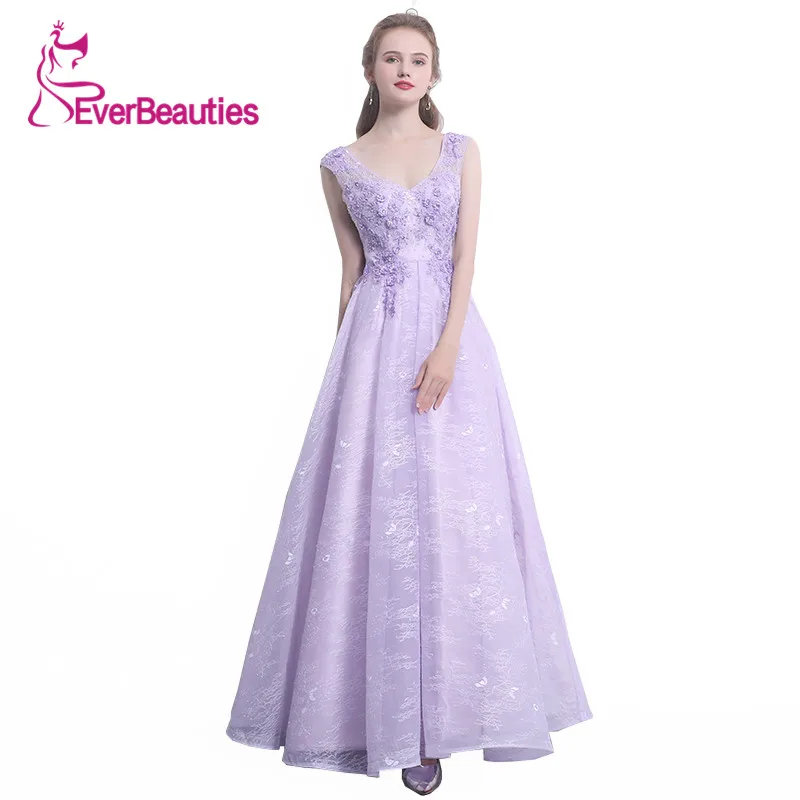 Light Purple Evening Dresses Long 2019 New Elegant V-Neck Lace Flower Floor-length Evening Gowns Robe De Soiree Avondjurk Light Purple Evening Dresses Long 2019 New Elegant V-Neck Lace Flower Floor-length Evening Gowns Robe De Soiree Avondjurk