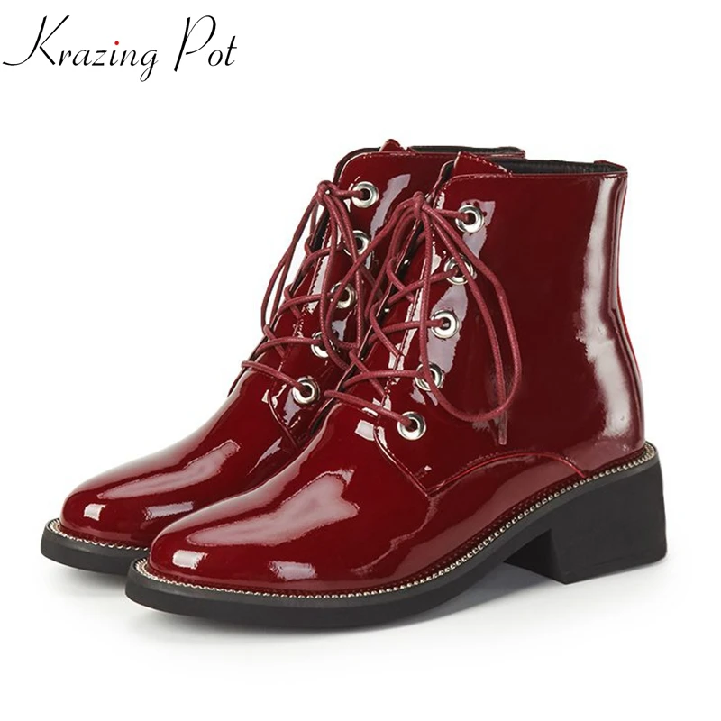 

Krazing pot genuine leather Korean style rivets cross-tied causal fairy lady thick high heel beading ankle motorcycles boots L96