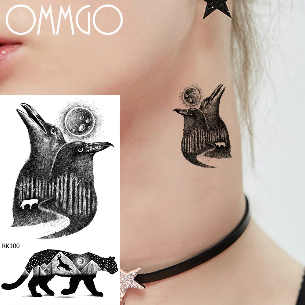 Винтажные Временные татуировки OMMGO с птицей вороной леопардом для мужчин