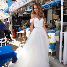 Свадебное платье с открытыми плечами без рукавов со складками, расшитое бисером и блестками, Тюлевое свадебное платье со шлейфом, Vestido De Noiva