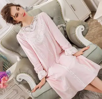 

2019 winter new thicken Silver fox sweet style Nightgowns female lace patchwork princess long sleep dress home clothes gx1327