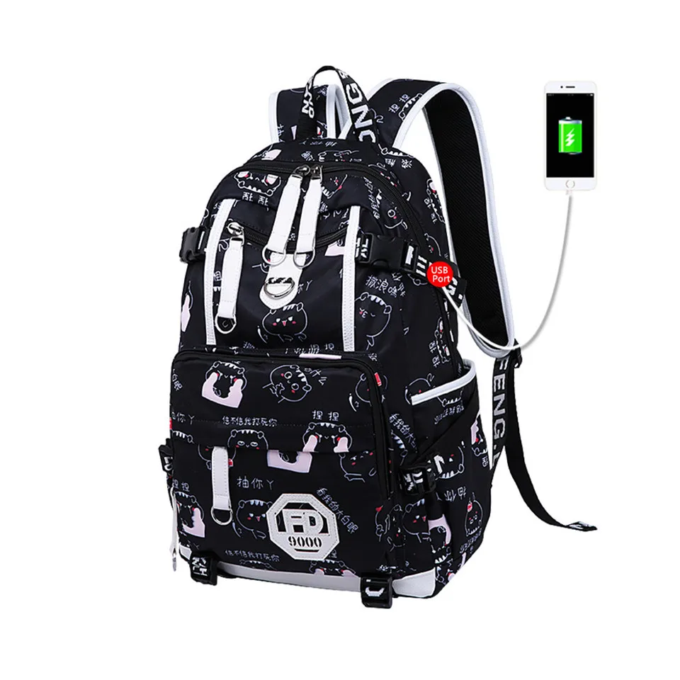 FengDong female cute chinese letters printing school backpack anti theft usb backpack cat bag