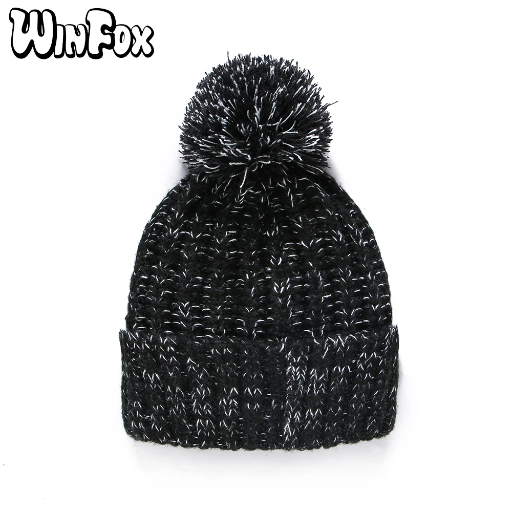 

Winfox 2018 New Winter Fashion Black White Mixed Blending Multicolor Color Knitted Hats With Pompom For Women Ladies