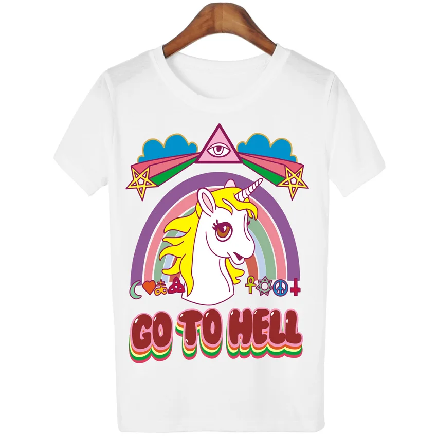 

t shirts cartoon unicorn print GO TO HELL kawaii funny white t-shirt women plus size lady summer t-shirt Female Unicorn shirt