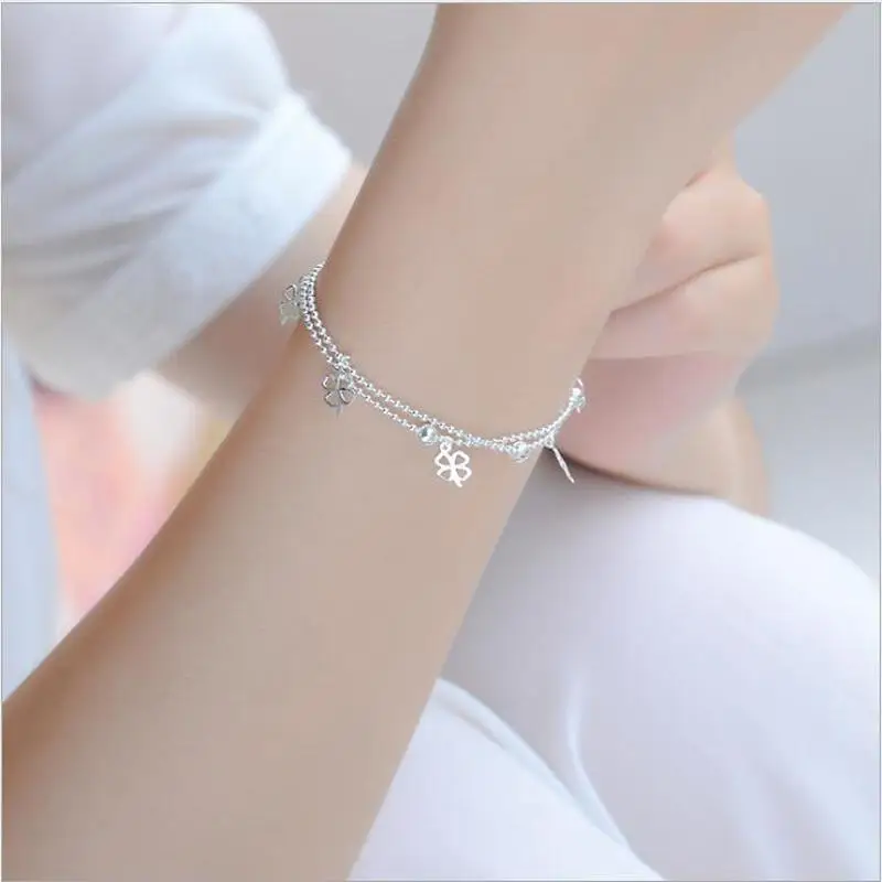 

Everoyal Trendy Female Clover Double Layer Anklets For Women Accessories Fashion Silver 925 Bracelet Girl Bride Wedding Jewelry