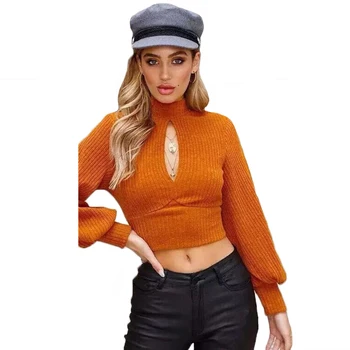 

2018 Women New fashion solid color sweaters fashion long sleeve hollow out Backless bowknot knitted slim pullover short tops