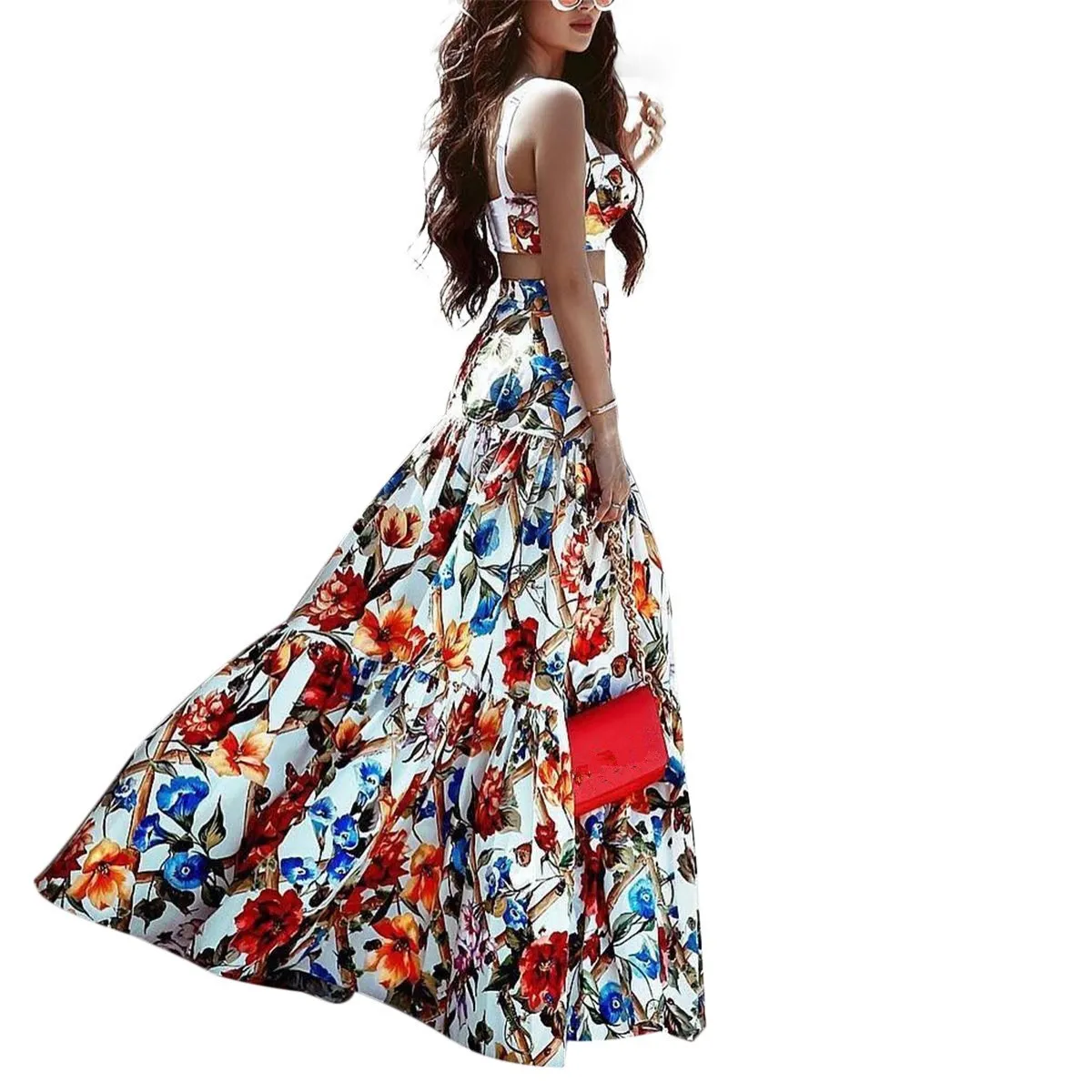 

Plus Size Set 2019 Floral Print Two Piece Set Women Beach Party Straps Skirt Bohemian Suits Sexy Crop Tops and Maxi Skirt Overal