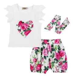 Модный комплект из 3 предметов, комплекты Одежда для детей; малышей; девочек наряд с цветочным принтом, одежда, футболка, топы + шорты + Шапки