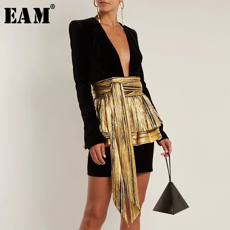 

[EAM] 2019 New Autumn Winter V-collar Long Sleeve Black Loose Velvet Waist Pleated Bandage Loose Dress Women Fashion Tide JL966