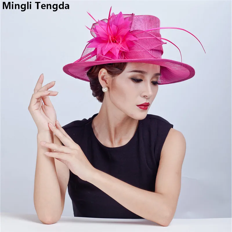 Элегантный леди Филиппины натуральный головной убор из конопли головной убор невесты шляпа Mingli Tengda Bibi Свадебная шляпка шляпки для невесты перо - Цвет: rose red