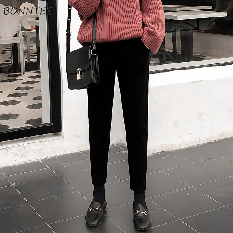 

Pants Women Autumn Winter Elegant Warm Thick Solid High Waist Casual All-match Female Pencil Trousers Simple Student Korean Chic