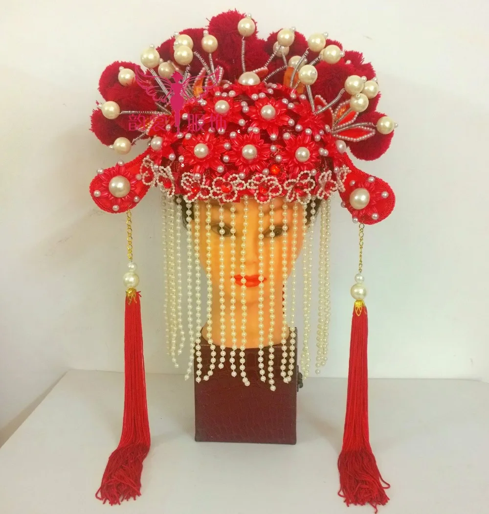 Red Traditional Chinese Wedding Hair Tiaras for Bride Feng Guan Xia Pi for Photo House or Performance Headwear for Women