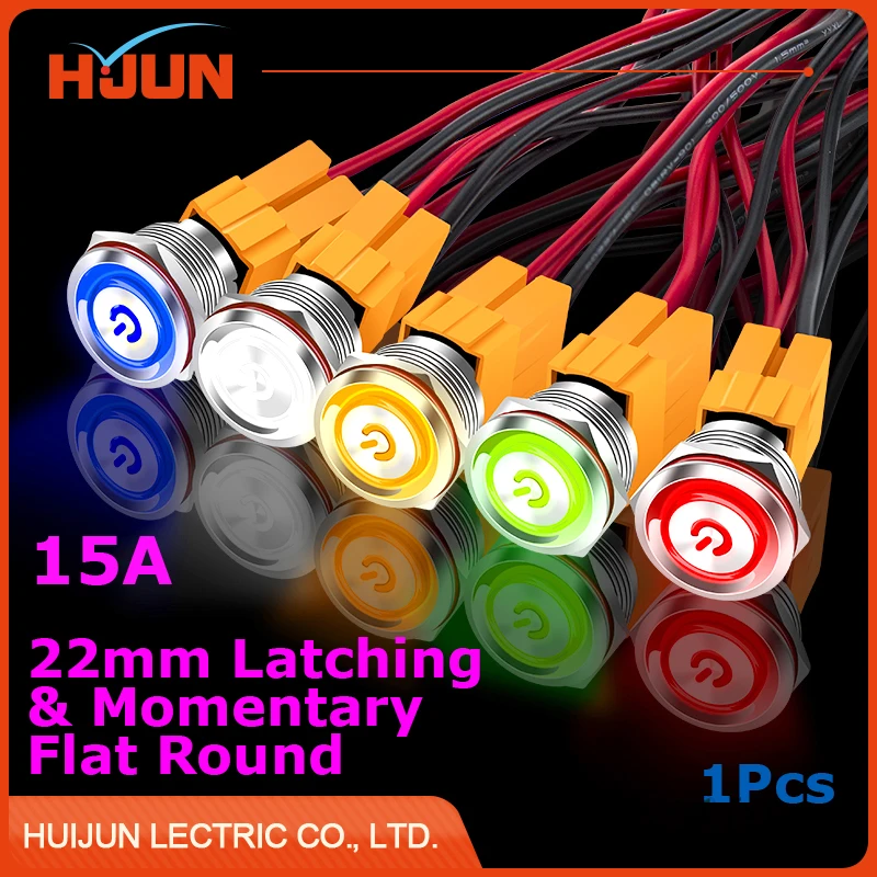 

1pcs 22mm 15A Waterproof Latching & Momentary Stainless Steel Metal Push Button Switch Icon LED Light Shine Car Horn Auto Lock