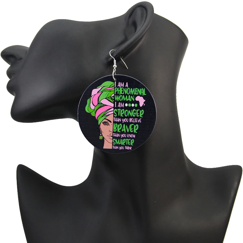 

SOMESOOR Printed Phenomenal Woman African Wooden Drop Earrings Stronger Braver Smarter Black Postive Words Design Jewelry Gifts