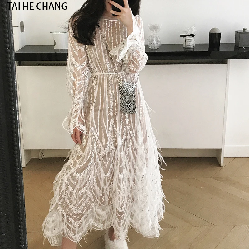 

women dress new fashion spring summer high-end elegant tassels feathers sexy formal party white runway long sleeve mesh dress